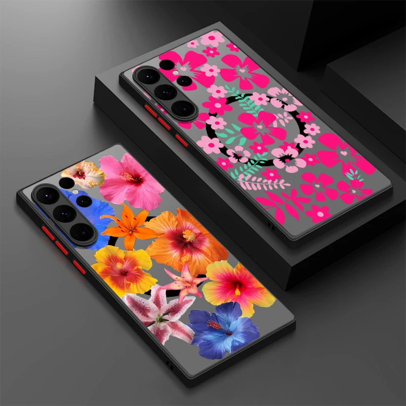 Sommer Rosa Blume Fall Für Samsung Galaxy S25 Rand S24 S23 S22 S21 Ultra Plus S24 FE Magnetische Für Magsafe eisen Ring Telefon Abdeckung