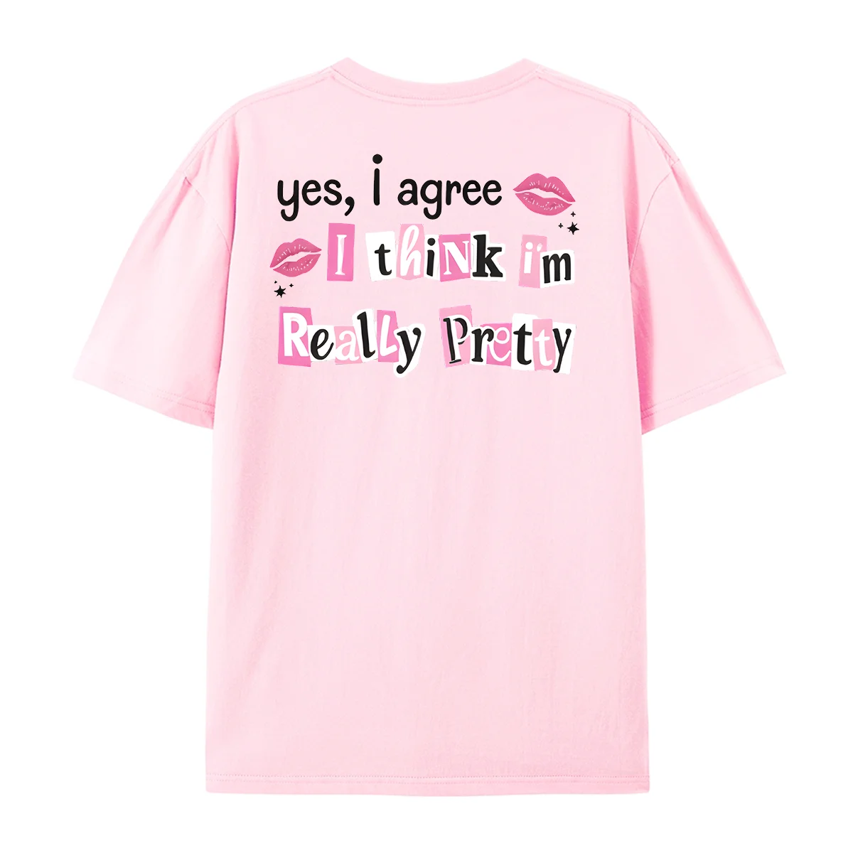 Yes I Agree Lips Stars Graphic T‑Shirt I Think I'm Really Pretty Funny Confident Quote Pink White Letter Print Short Sleeve Top