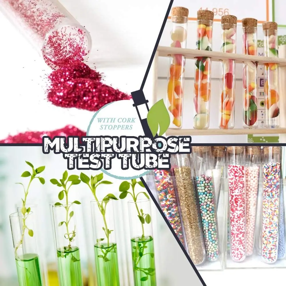 10pcs Gift Plastic Test Tube 16x150mm Clear Science Tubes with Cork Stoppers 23ml Vol Burette Candy Storage