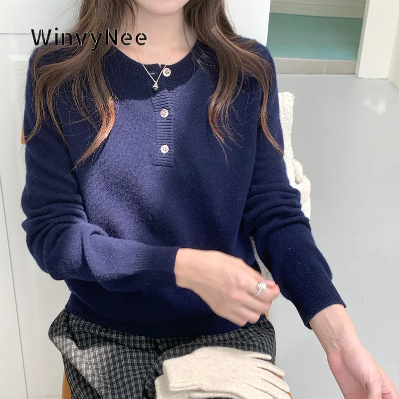 WinvyNee Women Crew Neck Button Knit Premium 100% Wool Smooth Fabric Chic Relaxed Gentle Urban Autumn Winter Knitwear ZA1523016