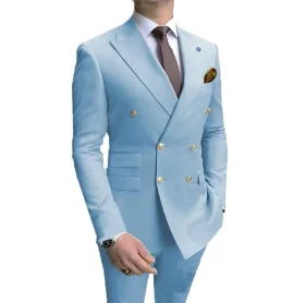 Disfraces para hombres, chaqueta azul claro para fumar, pantalones, botones dorados, vestido de esmoquin de fiesta, trajes de doble botonadura para