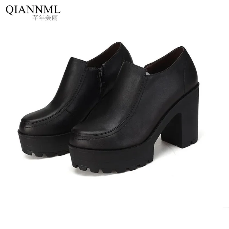 Quality Deep Mouth Black Shoes for Women High Heels Pumps Platform 2024 Spring Genuine Leather Shoes Ladies Block Heels Office