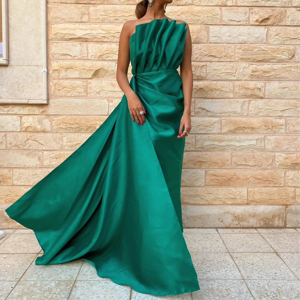 

Pleat Strapless Evening Gown Straight Simple Long Prom Solid Color Elegant Backless Satin Party Dressesفساتين مناسبة رسمية