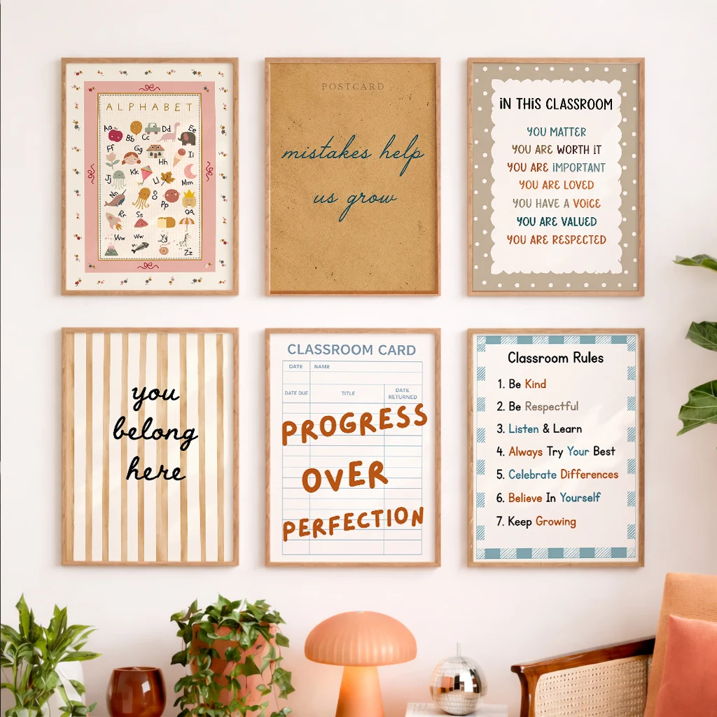 Set of 6 Classroom Growth Alphabet Mistakes Help Grow You Matter Belong Progress Modern Decorative Canvas Poster Wall Art