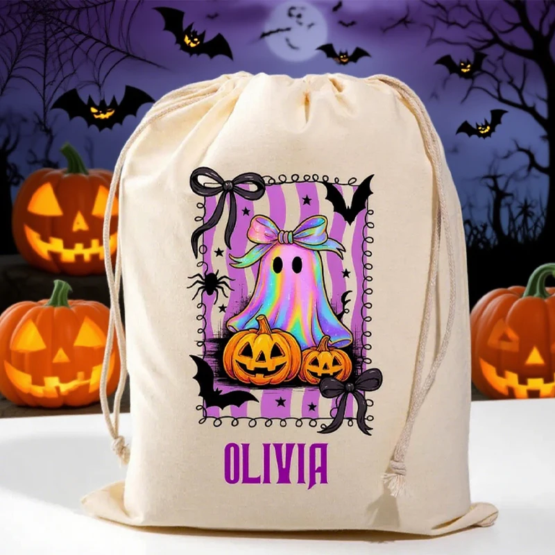 

Personalized Halloween Ghost Candy Bag Custom Name Pumpkins Drawstring Bag Spooky Season Trick or Treat Party Decorate Accessory