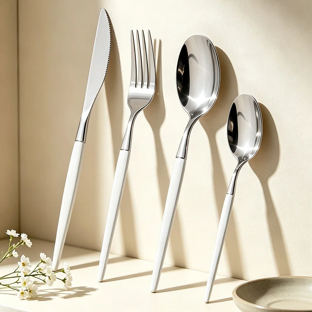 4Pcs White Silver Tableware Sets Stainless Steel Cutlery Dinner Knife Tea Fork Coffee Spoon Flatware Dinner Kitchen Dinnerware