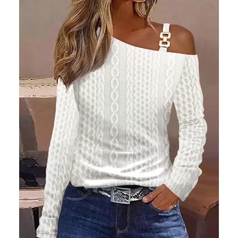 Sexy Elegant Off Shoulder White Lace Women Tops And Blouses 2025 Autumn Long Sleeve Top Femme Print Metal Buckle Office Blouse