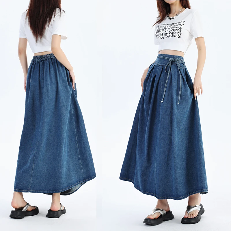 Autumn 2024 New High Elastic Waist Long Denim Skirt For Women Korean Style Streetwear Lace-up Blue Maxi Jeans Skirts Female