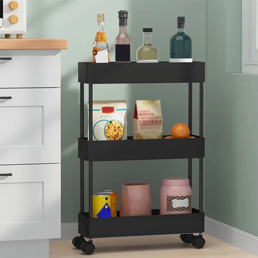 Vehículo de almacenamiento multifuncional doméstico de 3 pisos, herramienta de almacenamiento de baño, unidad de estantería móvil deslizándose para oficina, cocina, lavandería, negro