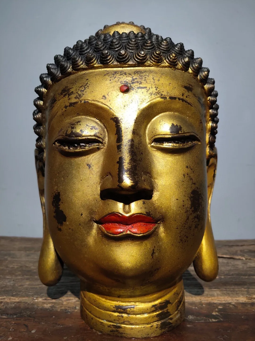 

14"Tibetan Temple Collection Old Bronze Cinnabar Mud gold Shakyamuni Buddha Head Dignified kind Worship hall Town house