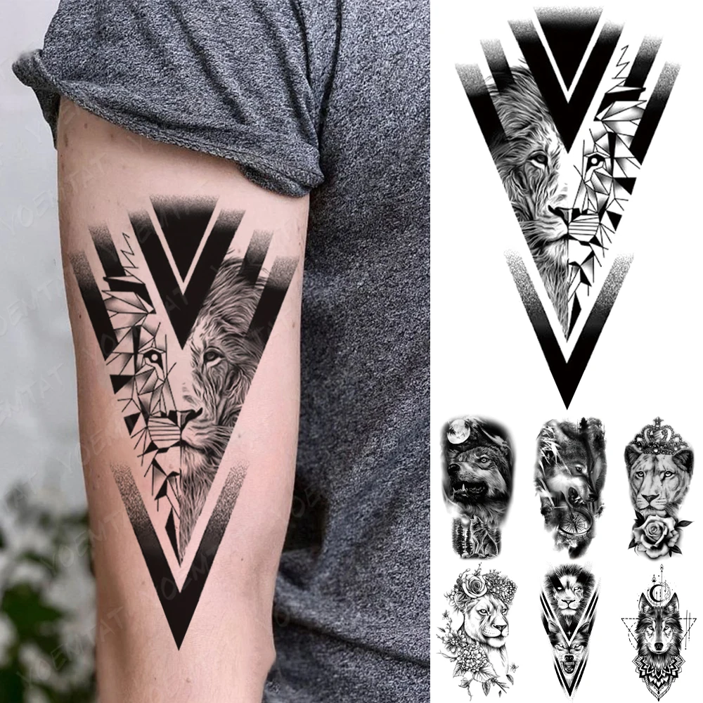 

Waterproof Temporary Tattoo Sticker Old School Lion Wolf Flash Tattoos Triangle Geometry Body Art Arm Fake Tatoo Men Women