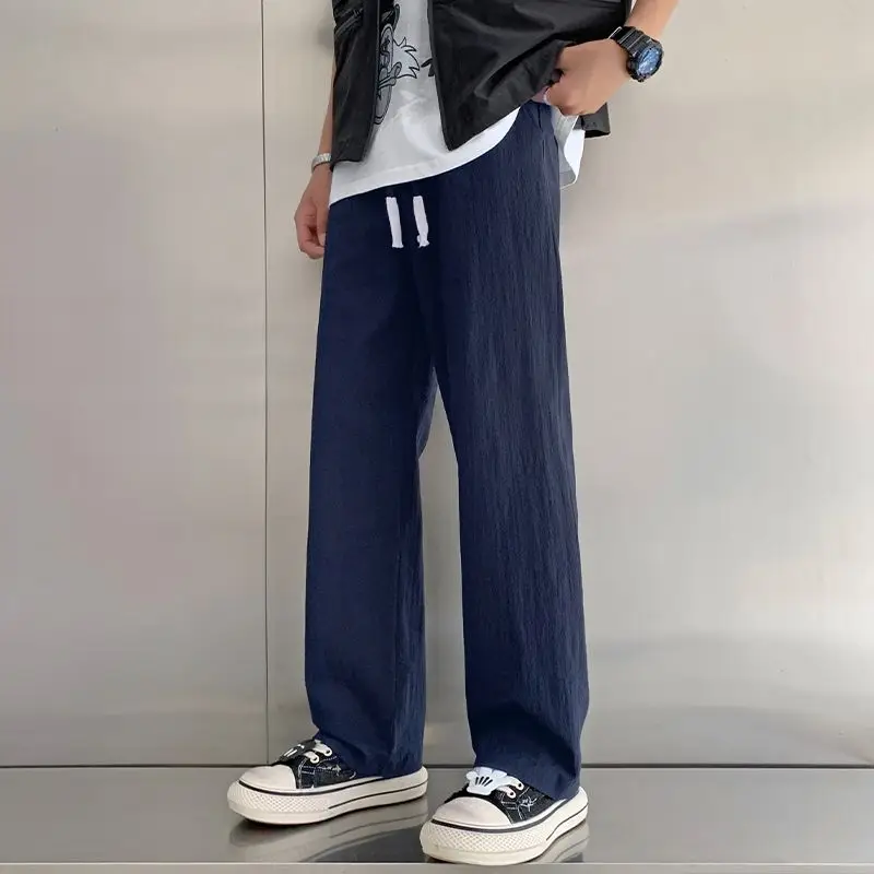 Men's Summer Casual Pants Loose Fit Beige Straight Wide Leg Trousers Linen Texture Ice Silk Japanese Style Streetwear