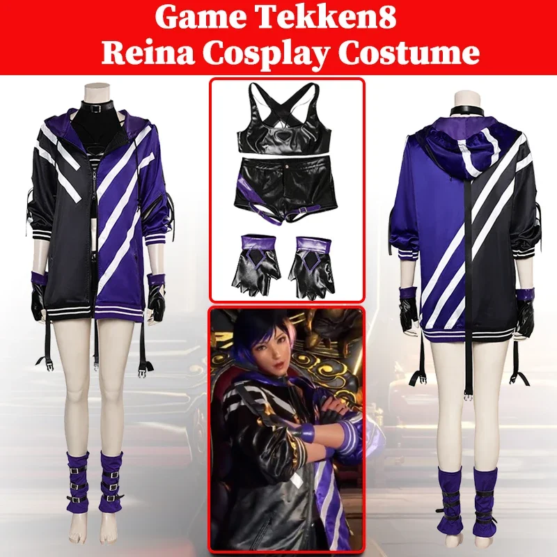 

Reina cosplay game tekken8 wherein fantasy anime costume women full coat gloves belt outfits female Halloween carnival suits