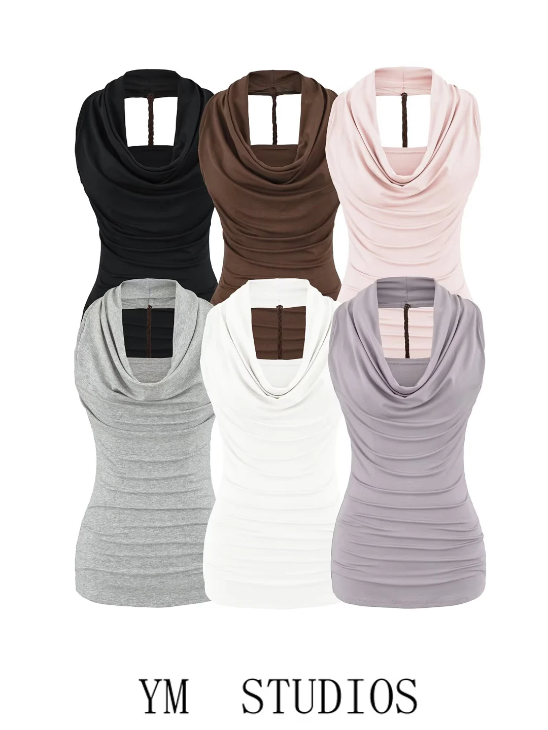 Sexy Sleeveless Women's Vest Hanging Neck Design Slimming Folded Collar Trendy Blogger Style Backless Top Polyester Fiber