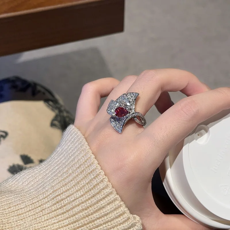 925 sterling silver new creative maple leaf opening ring pigeon blood red zircon women's fashion light luxury atmosphere jewelry