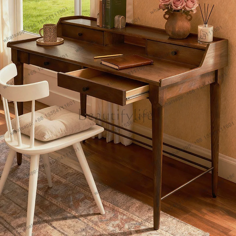 Nordic solid wood desk writing desk simple walnut color small apartment medieval bedroom computer desk