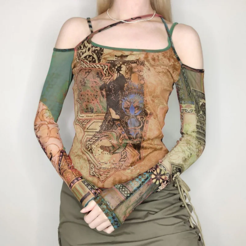 

Уникальная тонкая сетчатая рубашка с длинными рукавами в стиле ретро с цветными блоками, нестандартная полая, сладкий и пряный стиль, новинка