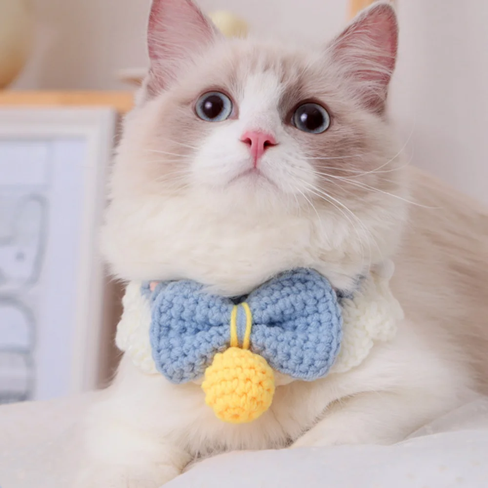 Cute Bowknot Tie Handmade Knitting Cats Collars Small Dogs Bell Knitting Cute Knitted Jingle Cat Silent Collar Pet Accessories