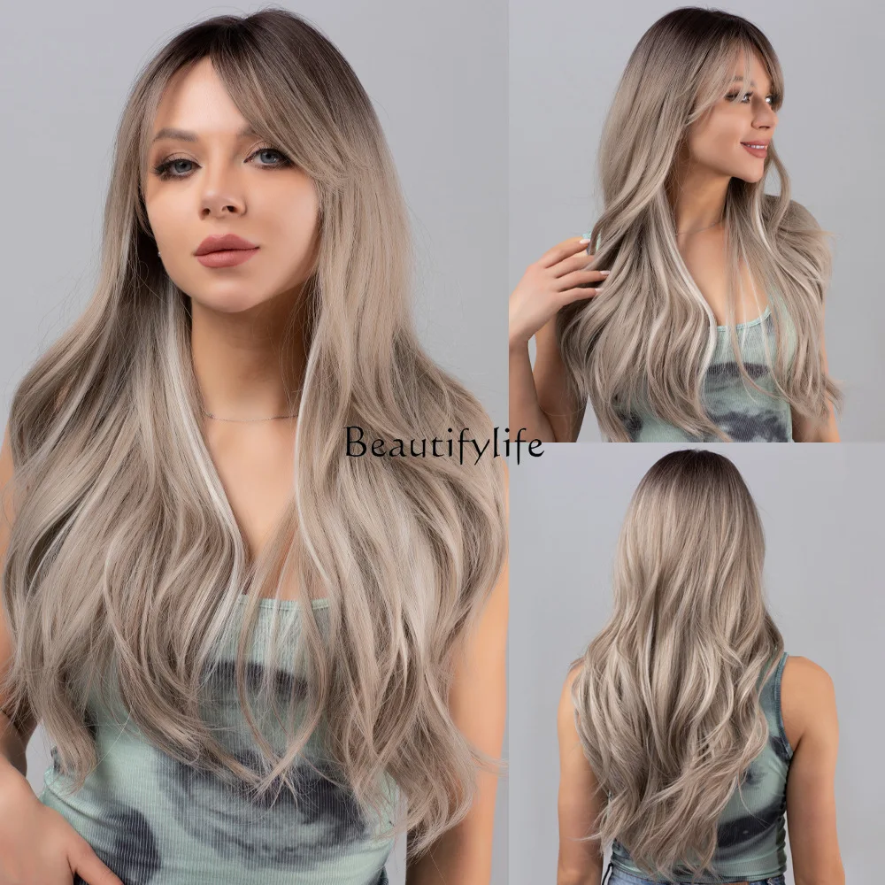 

Big wave wig female, eight-character bangs black gradual change gray long curly hair chemical fiber, full headgear