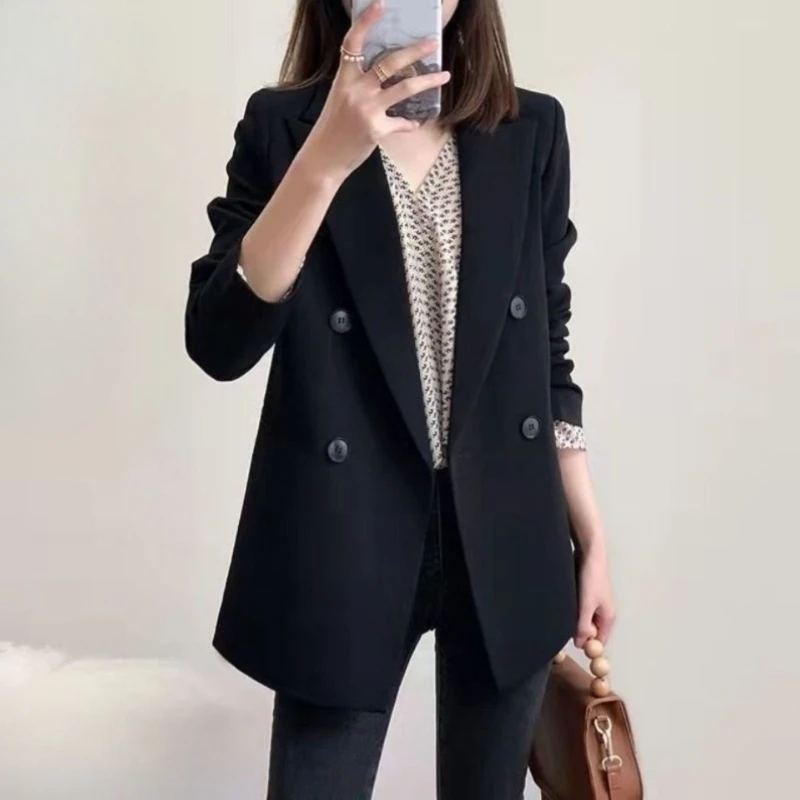 Women's Black Loose Fit Blazer - Spring/Autumn Fashion Casual Chic British Style Outerwear, Trendy Korean Design for Women