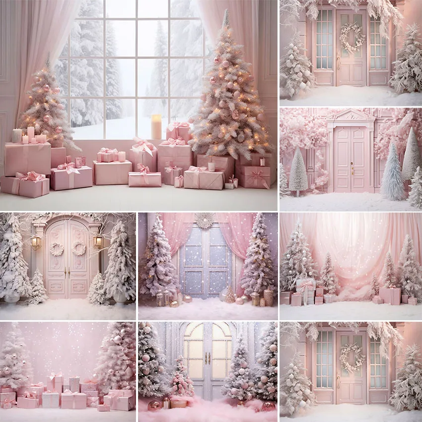 Avezano Christmas Portrait Photography Background Pink House Xmas Trees Indoor Windows Portrait Photo Backdrop Photobooth Props