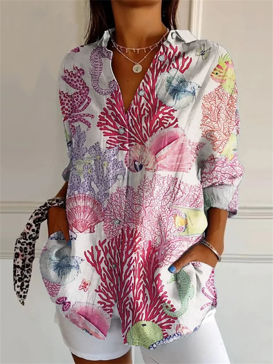 

2024 new women's long shirt summer European and American trendy half-sleeved shirt marine life flower pattern printing 3D fashio