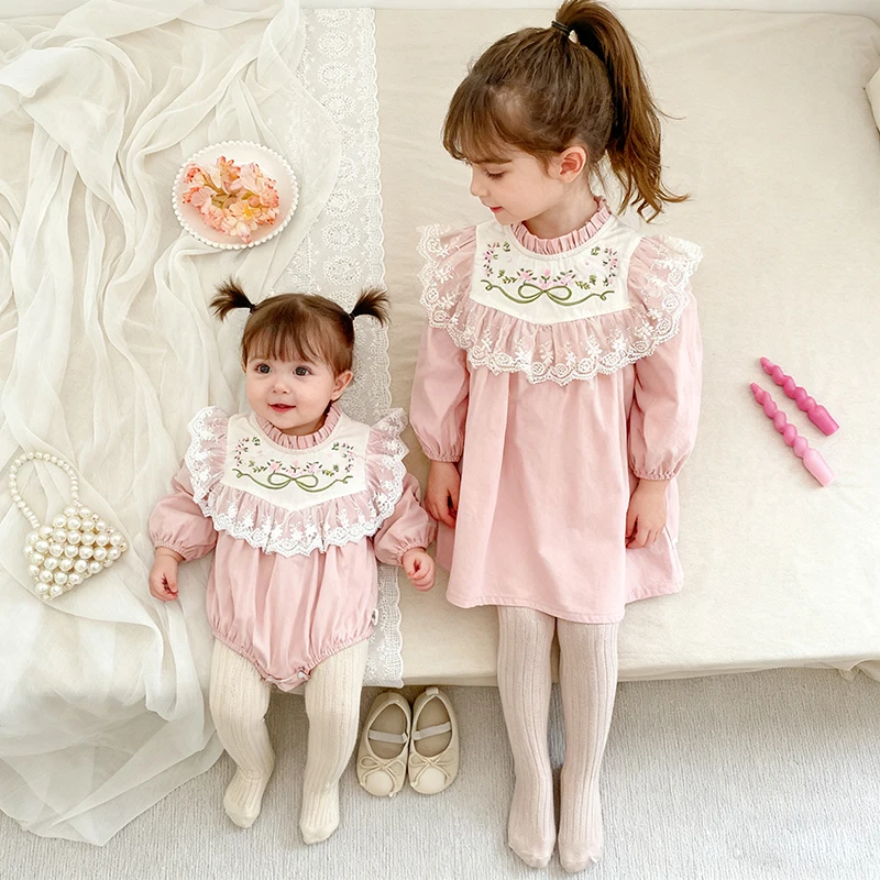 2026 New Spring Sister Dress 0-24M Baby Girl Embroidery Sweet Romper Kids Princess Long Sleeved Cotton 2-6Yrs Girl Party Dress