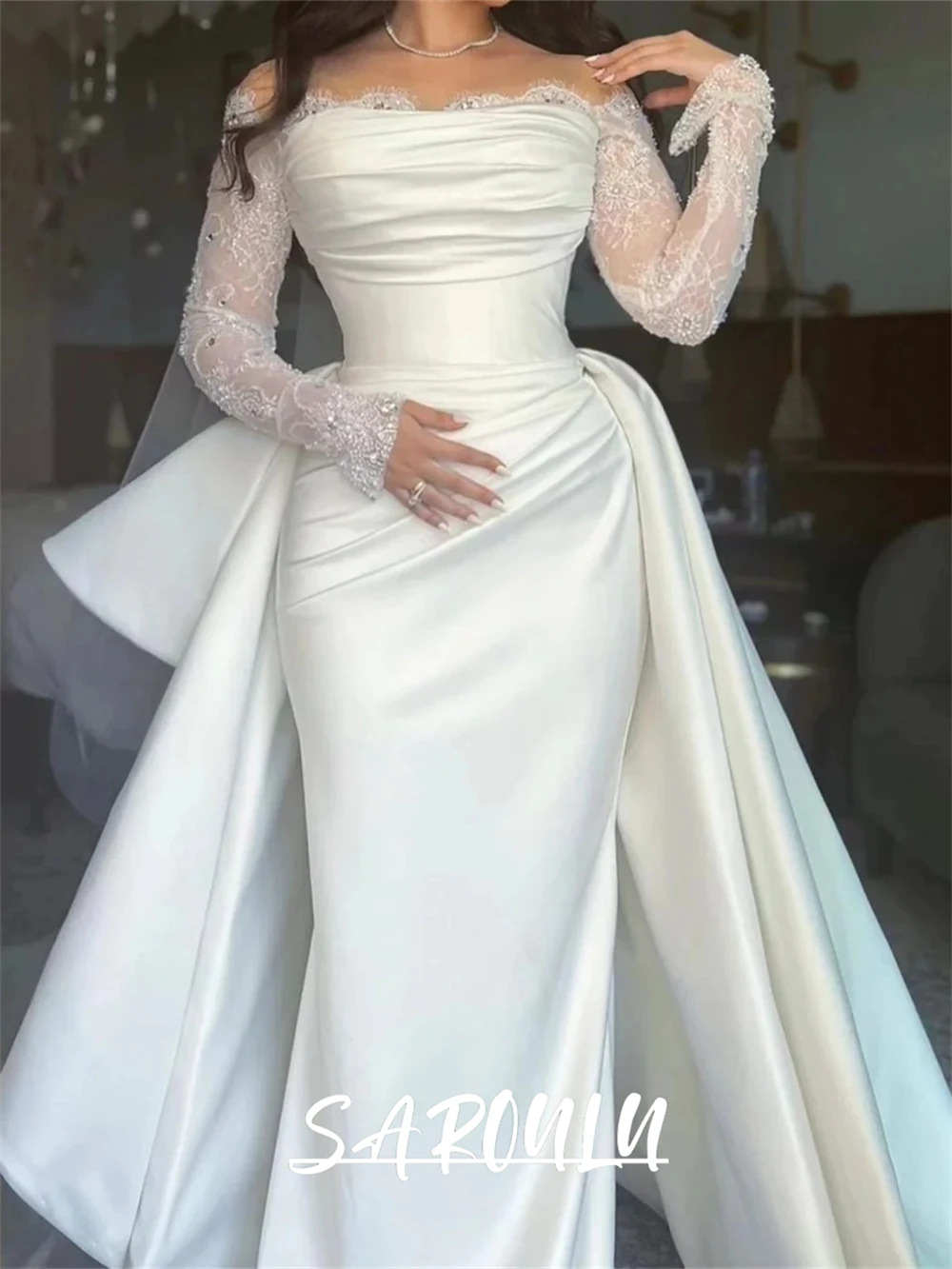Elegant Satin Mermaid Wedding Dress with Off Shoulder Full Sleeves Long Maxi Plus Size Bride Dresses Customized Bridal Gown image 5