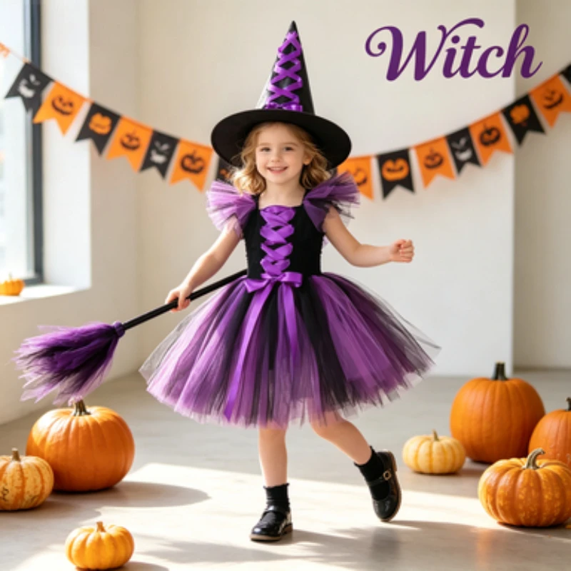 Purple Lined Fluffy Mesh Ballet Tutu Dress for Girls, Complete Witch-themed Outfit, Puff Skirt for Halloween Parties & Events
