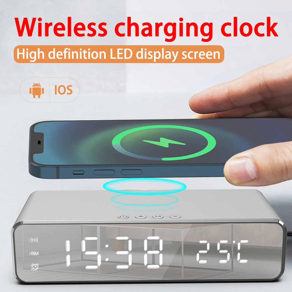 Multifunctional Wireless Charging Desktop Time Clock, Mirror LED Digital Display, Mobile Phone Wireless Charging Thermometer