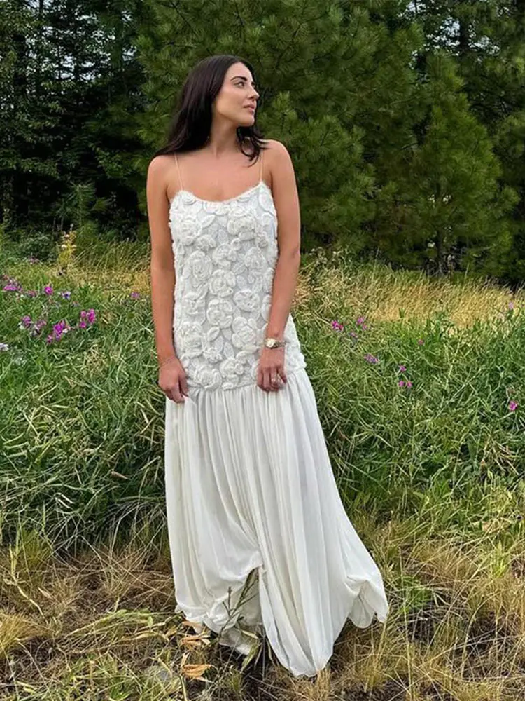 

3D Flower Maxi Dress Women Summer Fashion Patchwork Pleated Dresses 2025 Backless Maxi Lady Elegant Evening Party Long Dresses