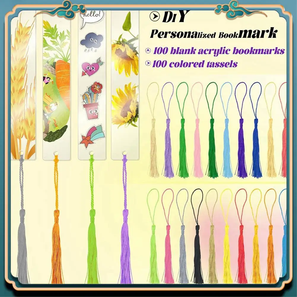 (Новинка)-100 шт. акриловые закладки с 100 шт. красочными кисточками для закладок, для поделок своими руками и подарочных бирки