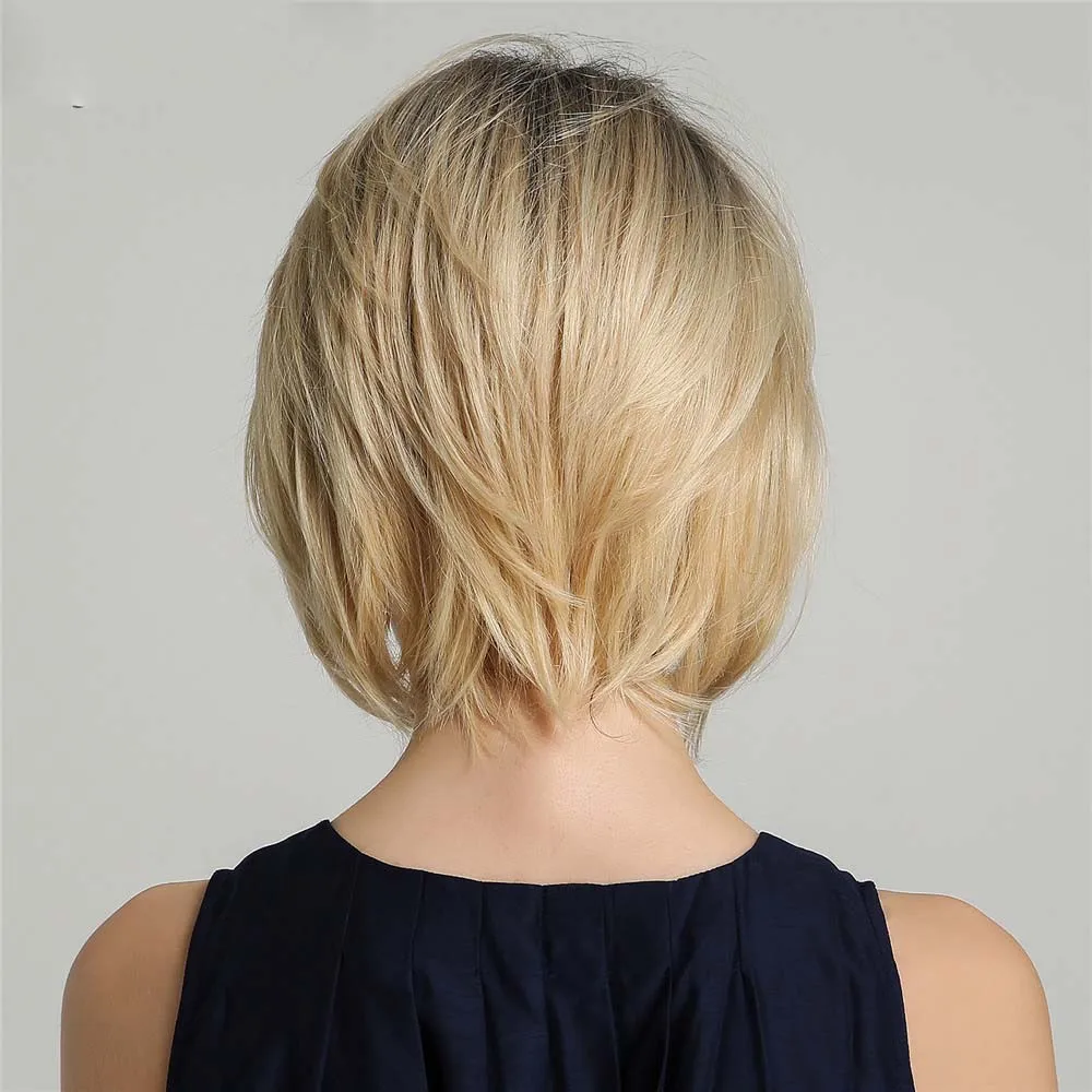 Brown Blonde Ombre Blend Human Hair With Black Roots Short Straight Bob Synthetic Wigs With 30% Remy Human Hair for Women Girls