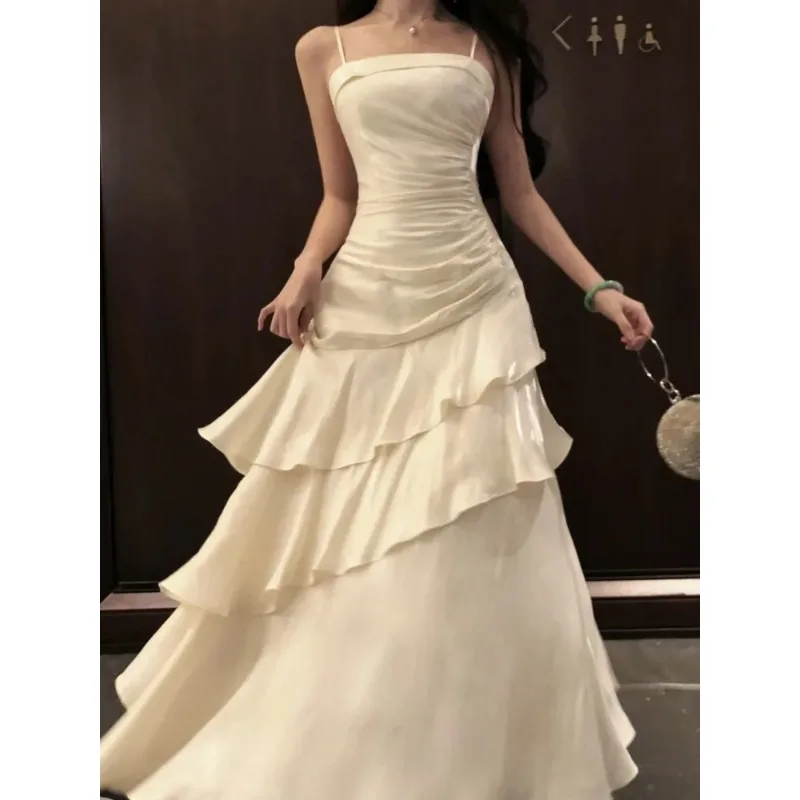 Francês elegante plissado borda camisola vestido de sereia feminino vestido de dança em camadas 2025 verão moda novo colete