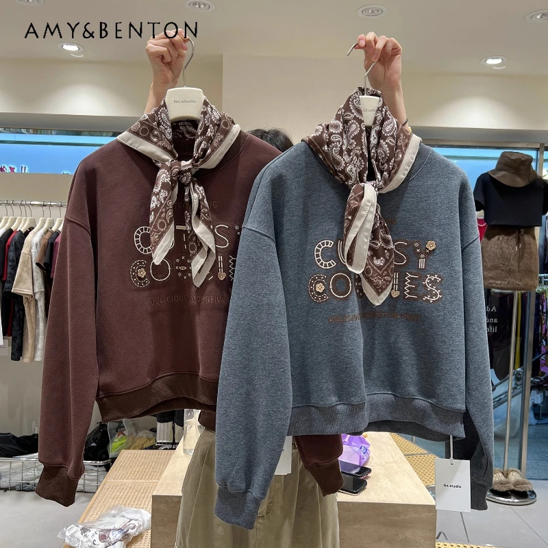

2025 Autumn Winter New Women's Round Neck Sweatshirt With Scarf Heavy Embroidery Loose Short Top Long-sleeved Pullover Hoodies