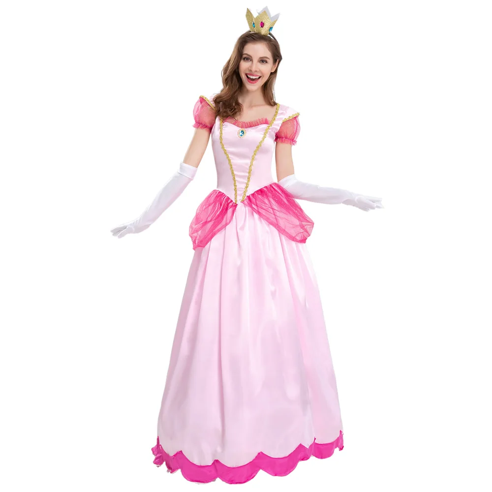 Princesa Rosa Cosplay Dress para Senhoras, Roupas de Palco, Chapelaria e Luvas, Vestidos de Halloween e Performance, Frete Grátis