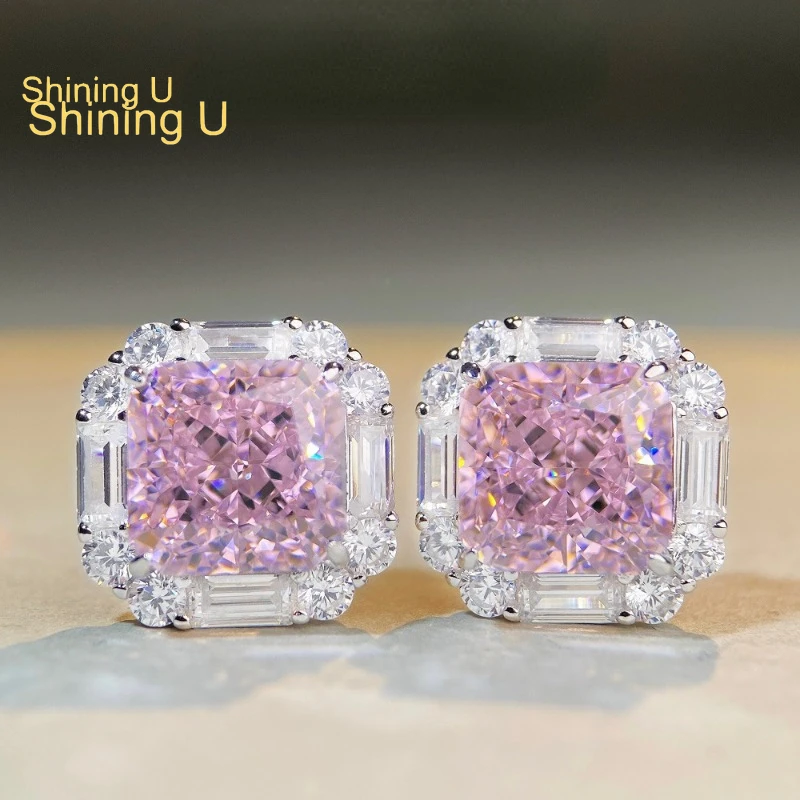 

Shining U S925 Silver Crushed Ice Cut Pink Gems Stud Earrings for Women Fine Jewelry Wedding