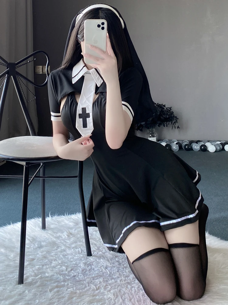 Internet Celebri Sexy Gyaru Lapel Hollow out Big Chest Role-Plang Nun Uniform Waist Hugging A Word Suspender Skirt Set