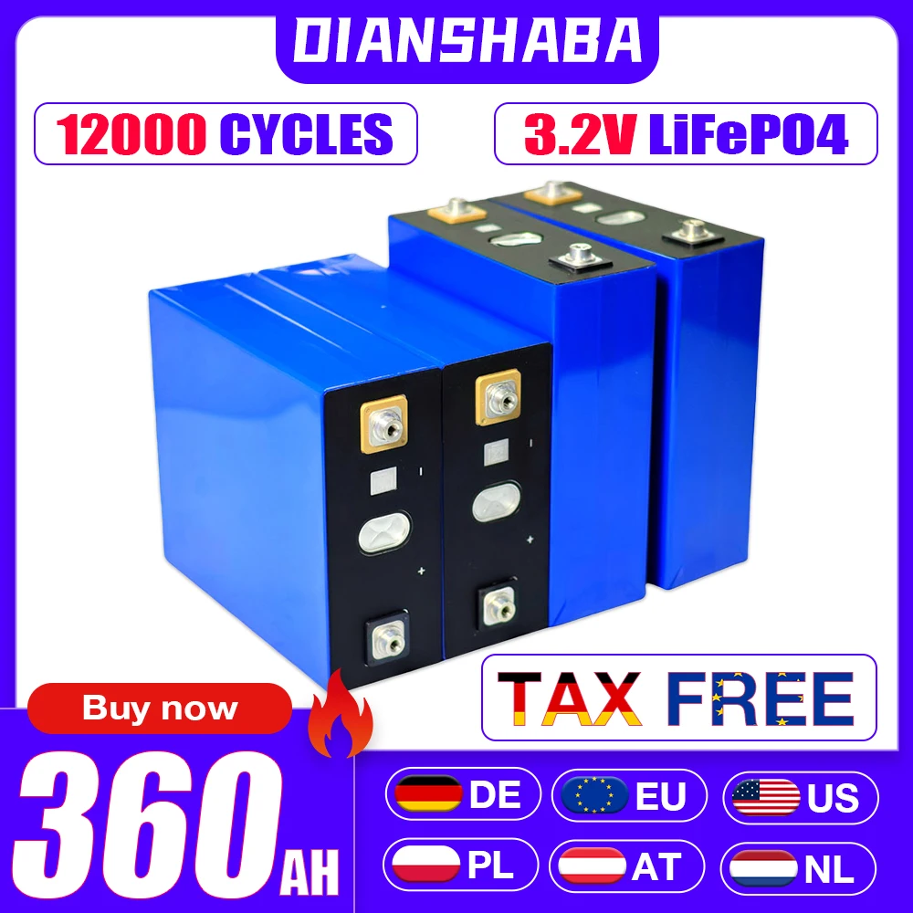 

Lifepo4 battery New Grade A 12000 cycles 3.2V 360ah DIY 12V 24V 48V 3C rechargeable battery Cell Pack EU shipment duty-free