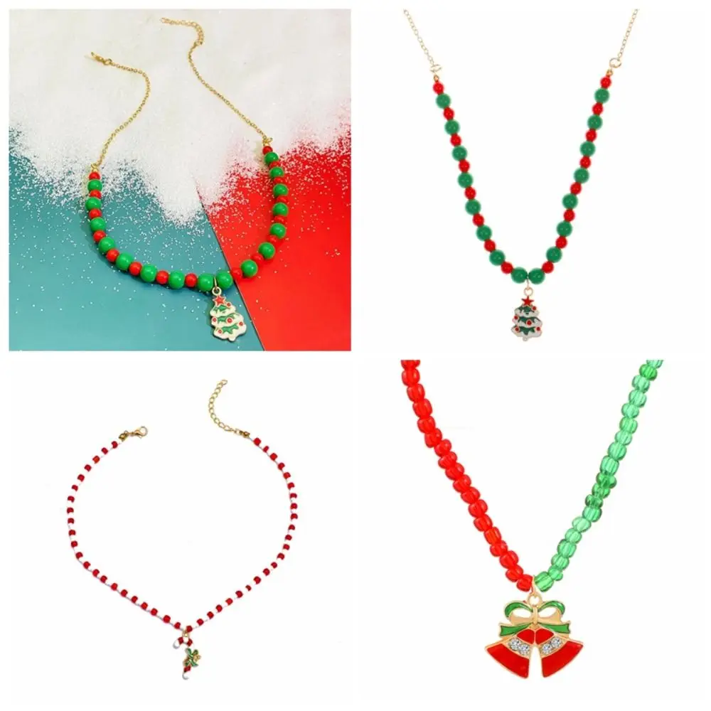 Collar de Navidad de dibujos animados, cadena hasta la clavícula, campana, cadena con cuentas de arroz, accesorios de joyería, gargantilla con colgante de aleación de dibujos animados, decoración