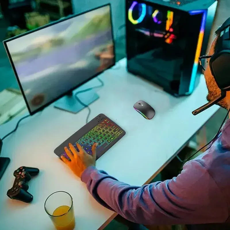 Conjunto sem fio Gradiente Backlight Teclado e Mouse, 2 Modos de Luz, 7 Cores