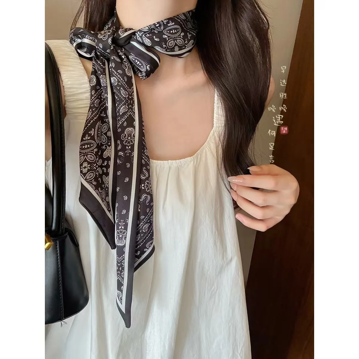 Korean black polka dot silk scarf neck ribbon scarf female high-end sense super good-looking with long scarf with accessories