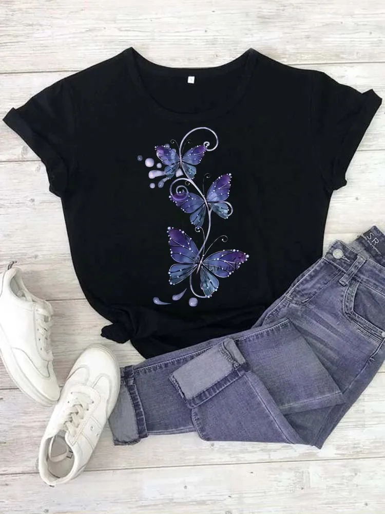 Maycaur New Fashion Butterfly Floral Printed Women T Shirt Summer Clothes Tshirt Tee Womens Top Female Print T Graphic T-shirt