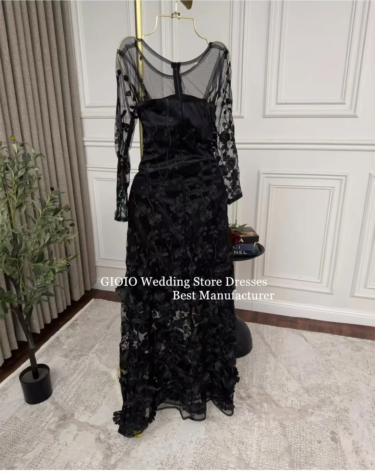 فستان سهرة GIOIO أنيق برقبة مربعة وأكمام طويلة من الساتان الشبكي ثلاثي الأبعاد مزين بالزهور على شكل حرف A بطول الأرض للحفلات حسب الطلب