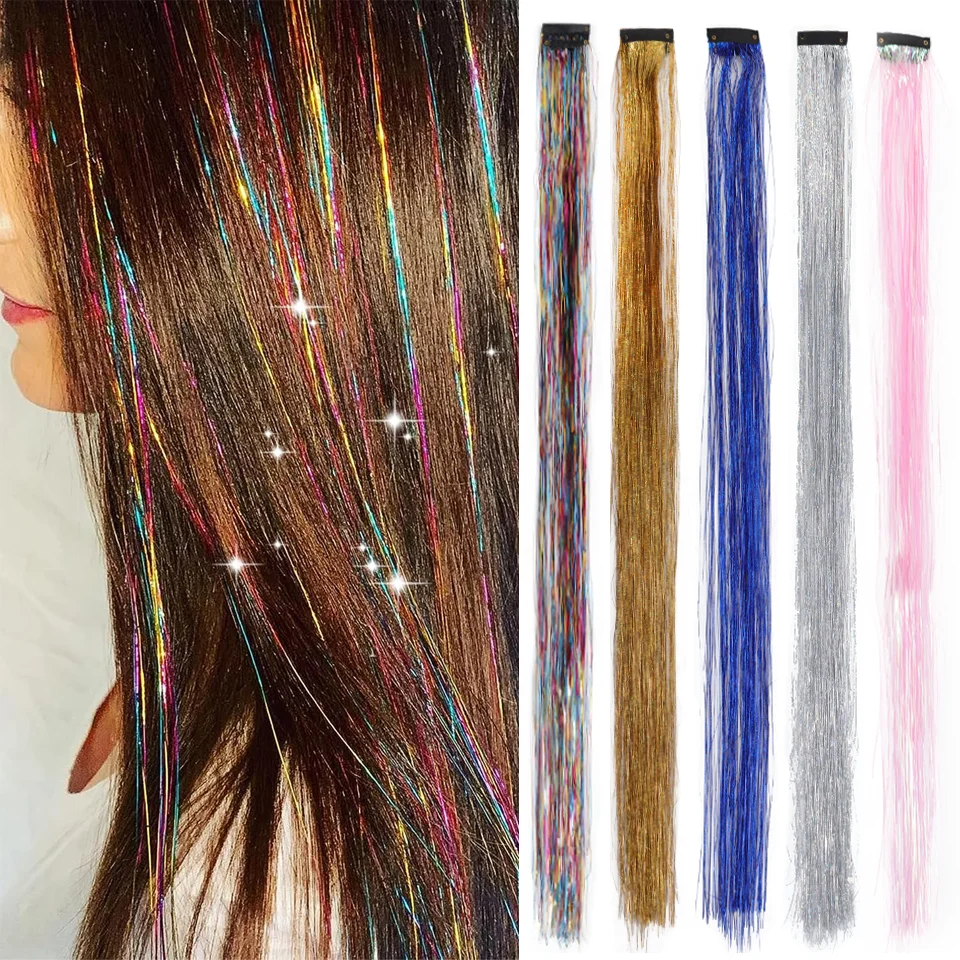 24 Inch Synthetic Clip In Tinsel Colored Hair Extensions For Girls For Party, Christmas, New Year, Halloween, Cosplay