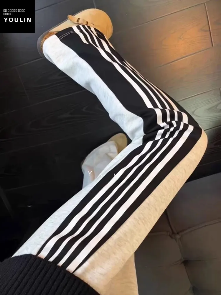 

Winter Fce Lined American Stripe Sports Sweatpants Men's Straight Leg Casual Sports Long Trousers White Flower ey