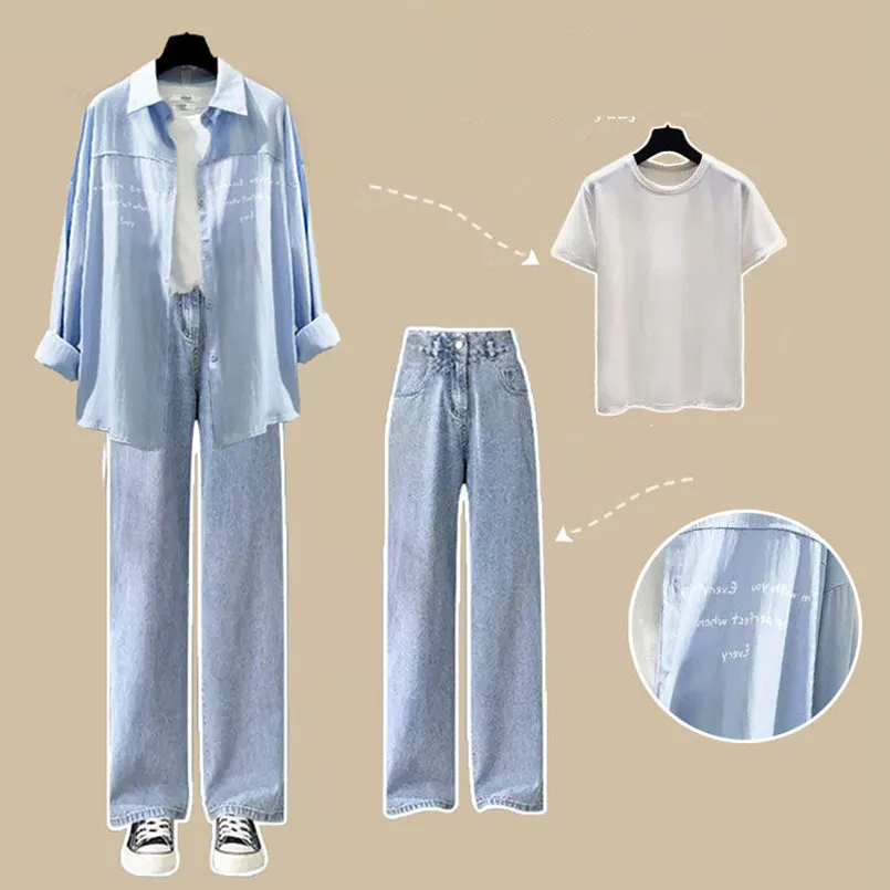 Spring Set Korean Loose Fitting Small Fresh Outerwear Shirt+T-shirt High Waisted Wide Leg Jeans Women's Three Piece Set