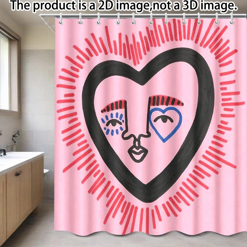 

Whimsical Heart-Face Shower Curtain Light Pink with Sunburst & Smiling Hearts, Romantic Valentine’s Decor, Includes 12 Hooks