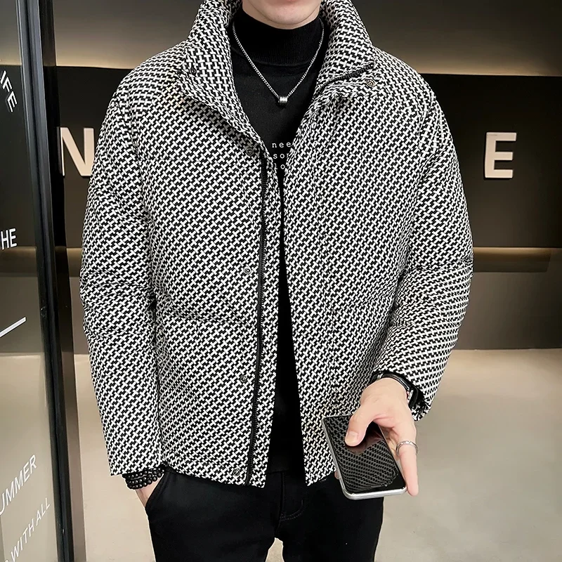 Winter New Simple Trend Stand-up Collar Men\'s Checked Jacket White Eiderdown Jacket Can Go with High-quality Warm Mens Coat