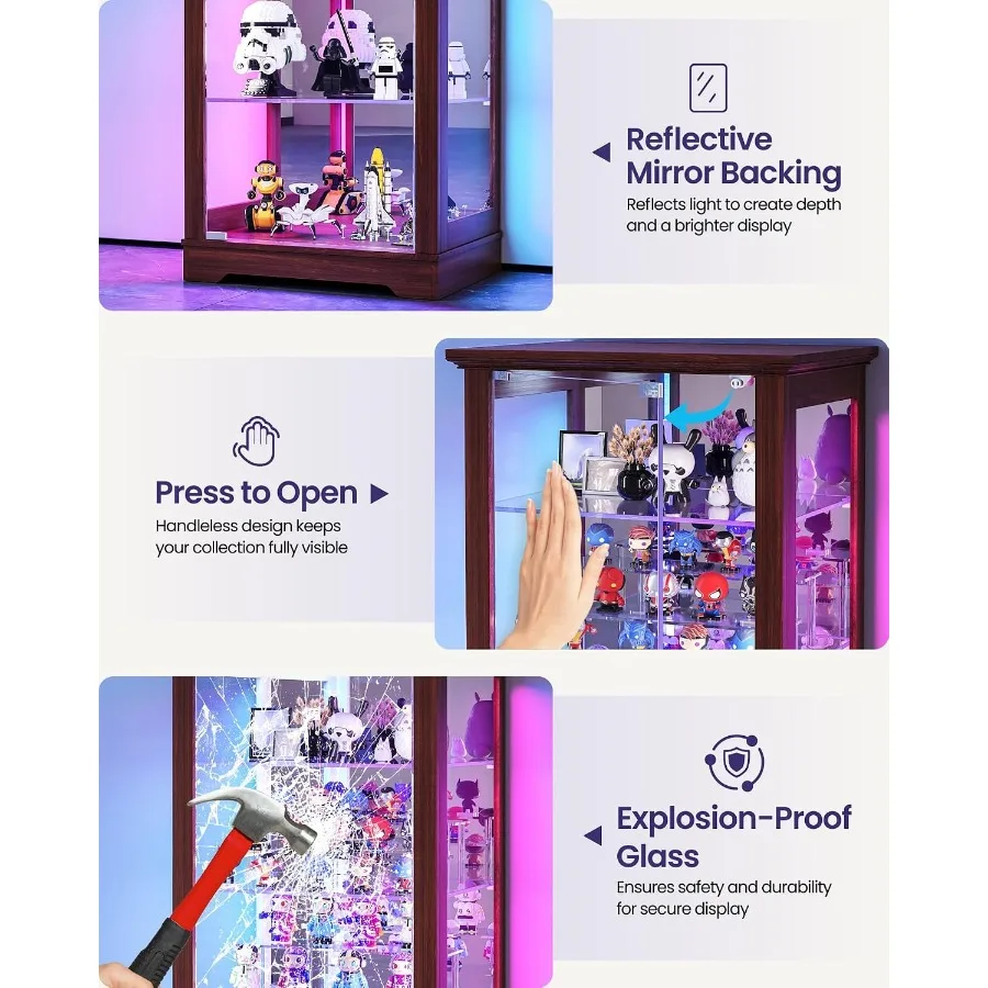 Display Cabinet with RGB Lights and Glass Doors for Collectibles: Tempered Glass, Black, Adjustable LED Lighting view 6